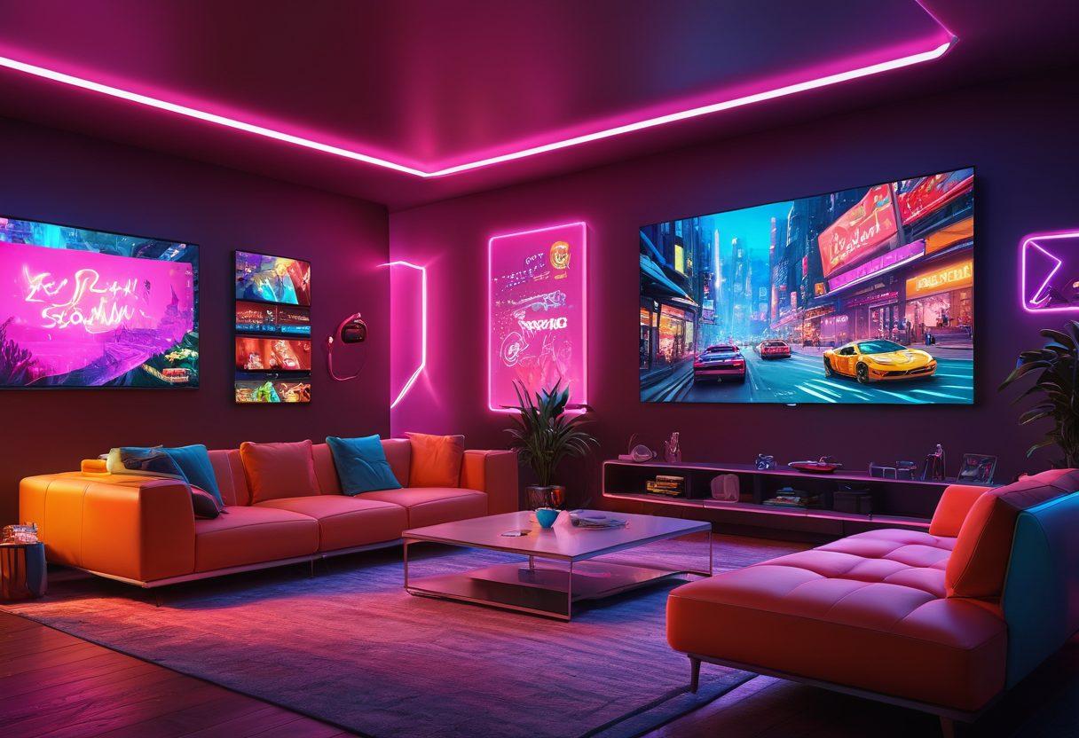 A futuristic living room setting with a large screen displaying various interactive streaming platforms, colorful thumbnails, and animated characters. The room is filled with comfortable seating, snacks, and a cozy ambiance, highlighting adult users engaged in media consumption. Bright neon lights cast a vibrant glow, encapsulating an inviting yet modern environment. super-realistic. vibrant colors. 3D.
