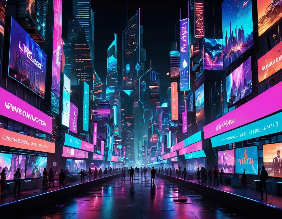 A futuristic digital landscape showcasing a blend of web portals and interactive media hubs, surrounded by neon-lit cityscapes and abstract representations of adult entertainment. Illustrate diverse characters engaging with holographic screens, emphasizing connectivity and evolution in the industry. Include elements of technology like AI, virtual reality, and streaming content. vibrant colors. cyberpunk.