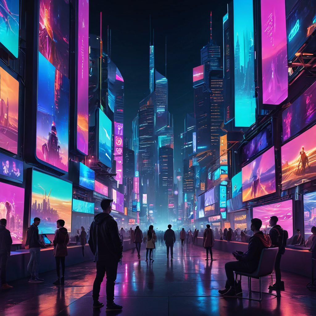 A futuristic landscape showcasing diverse adults engaging with advanced video sharing and streaming platforms, featuring vibrant screens displaying various content genres. Include holographic visuals, a blend of technology and intimacy, and an urban skyline in the background with neon lights. Emphasize inclusivity and innovation. digital art. vibrant colors. cyberpunk.